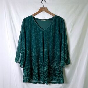 Bebonnie Womens Floral Mesh Split Bell Sleeve V-Neck Tunic Blouse Size XXL Green